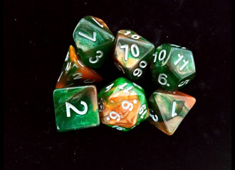 Набор кубиков для RPG 7 шт.  перламутровые с блестками оранжево-зеленые
