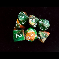Набор кубиков для RPG 7 шт.  перламутровые с блестками оранжево-зеленые