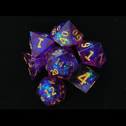 Набор кубиков для RPG 7 шт.  прозрачные сине-фиолетовые с фольгой (острые грани)