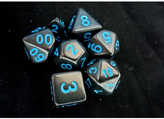 Набор кубиков для RPG 7 шт.  матовый черный с голубыми цифрами