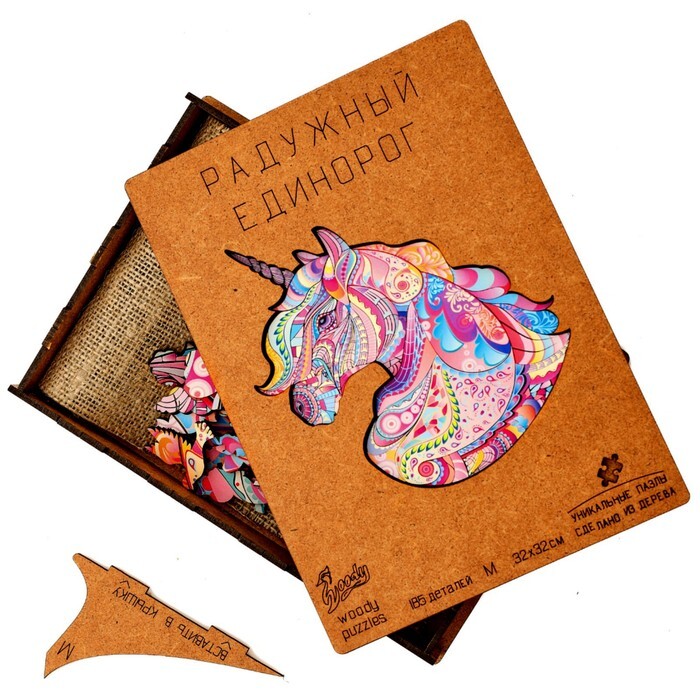 Пазл фигурный деревянный WOODY PUZZLES "Радужный единорог", размер M