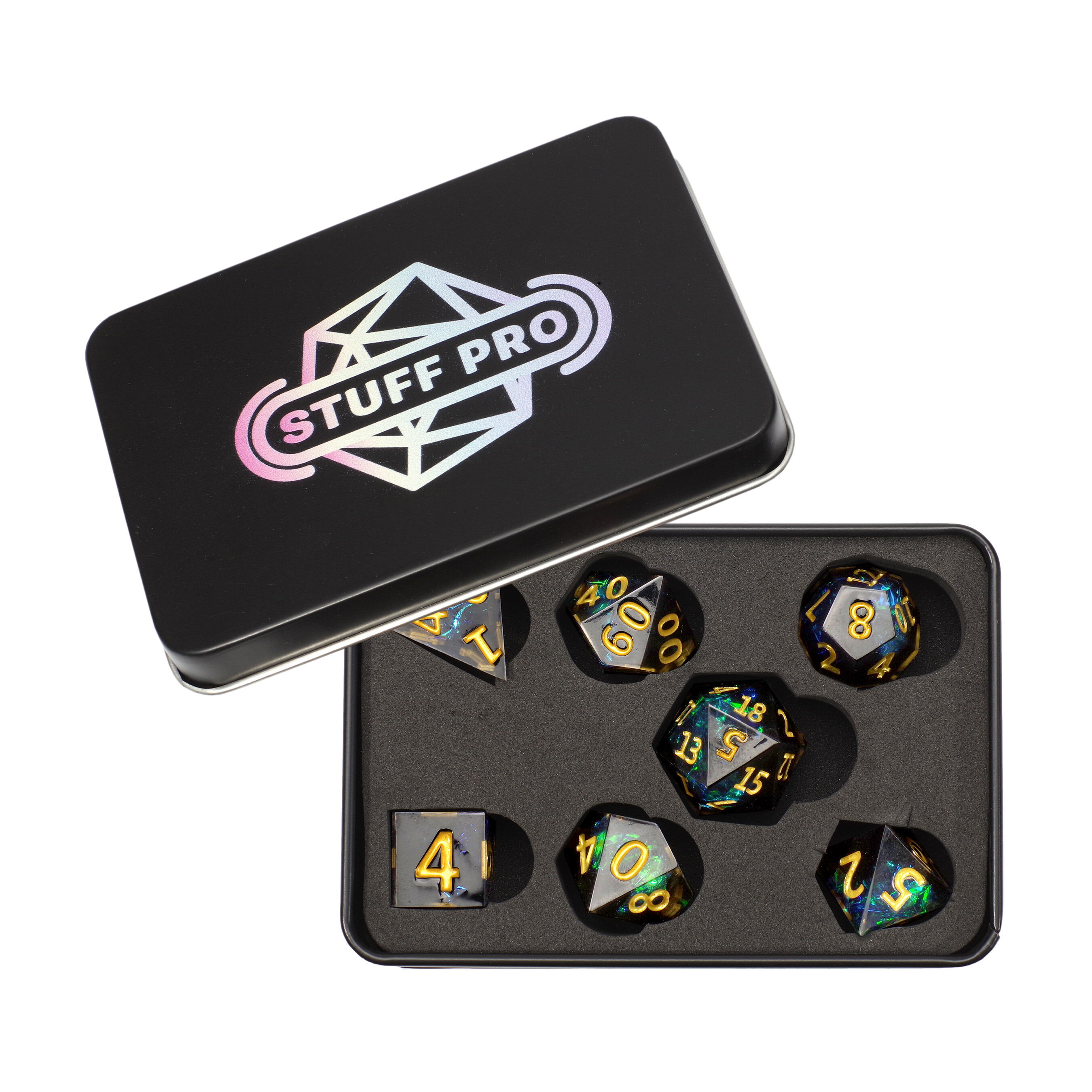 Набор высококачественных острых акриловых кубиков Stuff-pro (зеленый с золотыми цифрами)