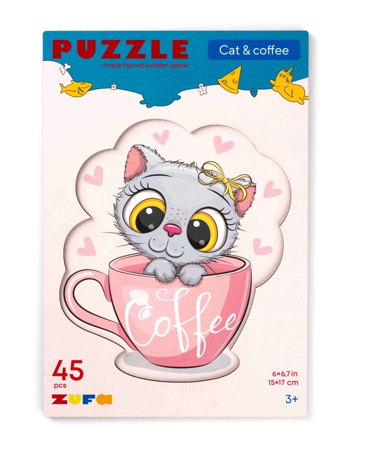 Пазл Zufa деревянный "Кот и кофе" размер S kids (45 деталей)