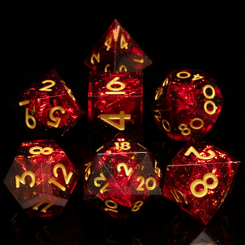 Набор кубиков для RPG 7 шт.  прозрачные красные с фольгой (острые грани)