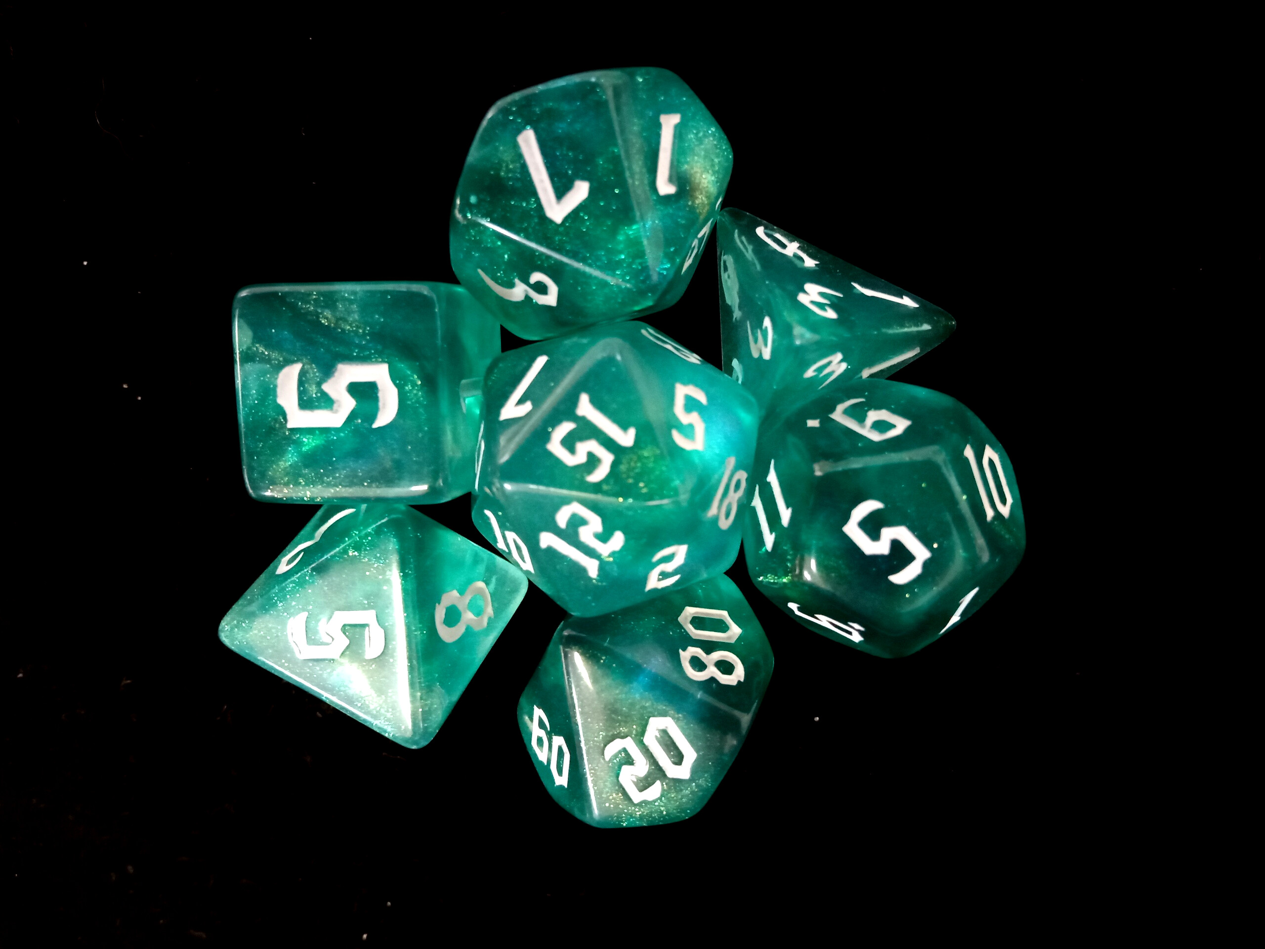 Набор кубиков для RPG 7 шт.  блестящие зелено-голубые