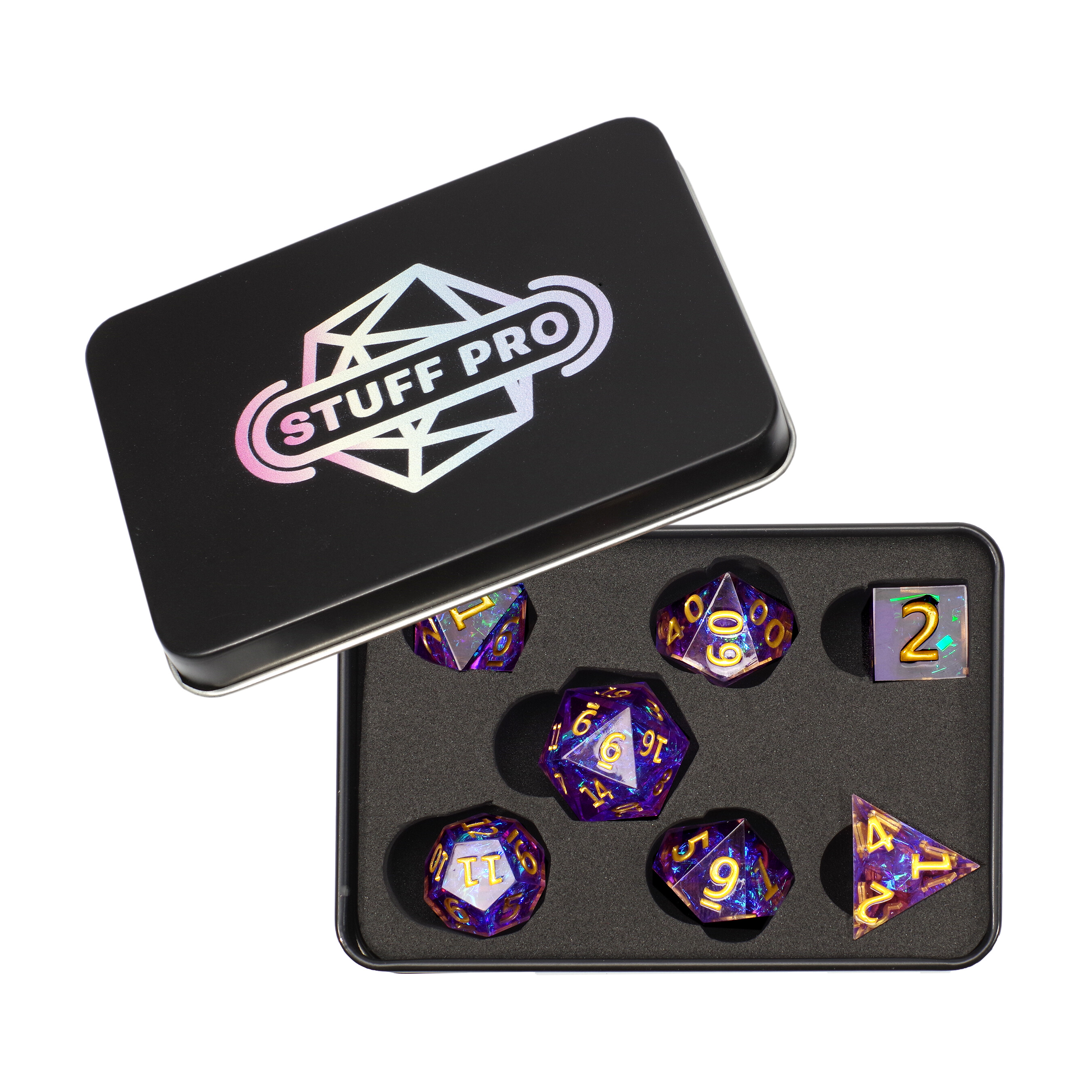 Набор высококачественных острых акриловых кубиков Stuff-pro (фиолетовый с золотыми цифрами)