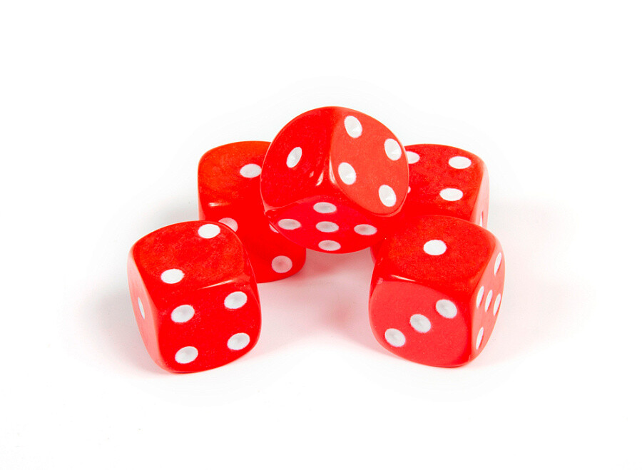 Набор из 5 кубиков D6, 16 мм. Красный с белыми точками в блистере