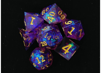 Набор кубиков для RPG 7 шт.  прозрачные сине-фиолетовые с фольгой (острые грани)