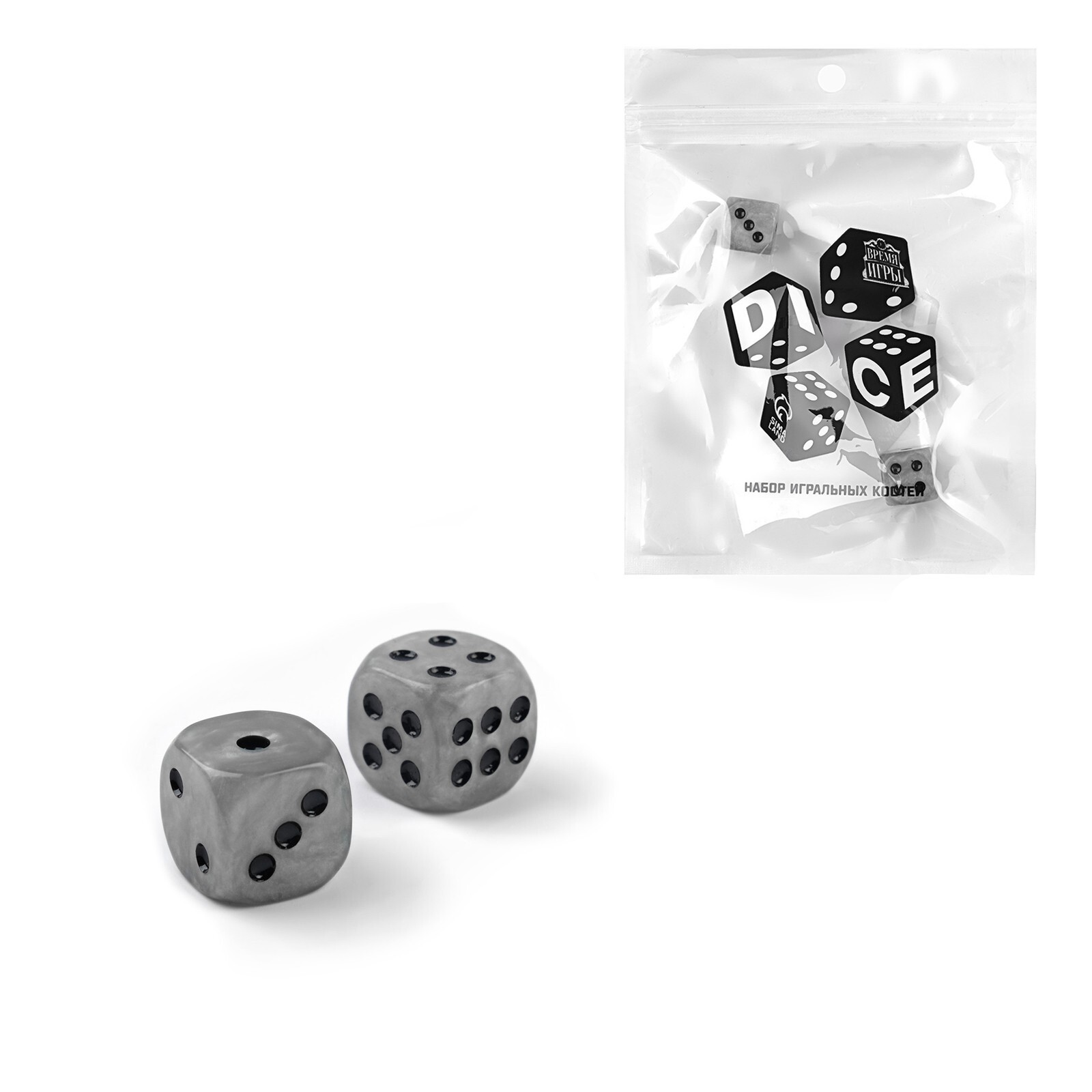 Набор кубиков D6 "Время игры" 2 шт под мрамор серые