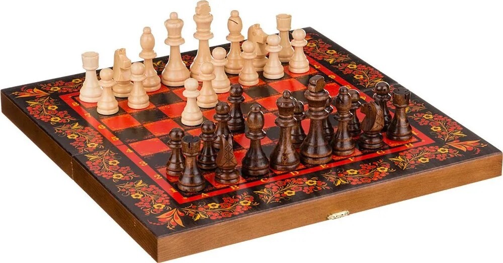 Шахматы, шашки, нарды "Хохлома красная" средний