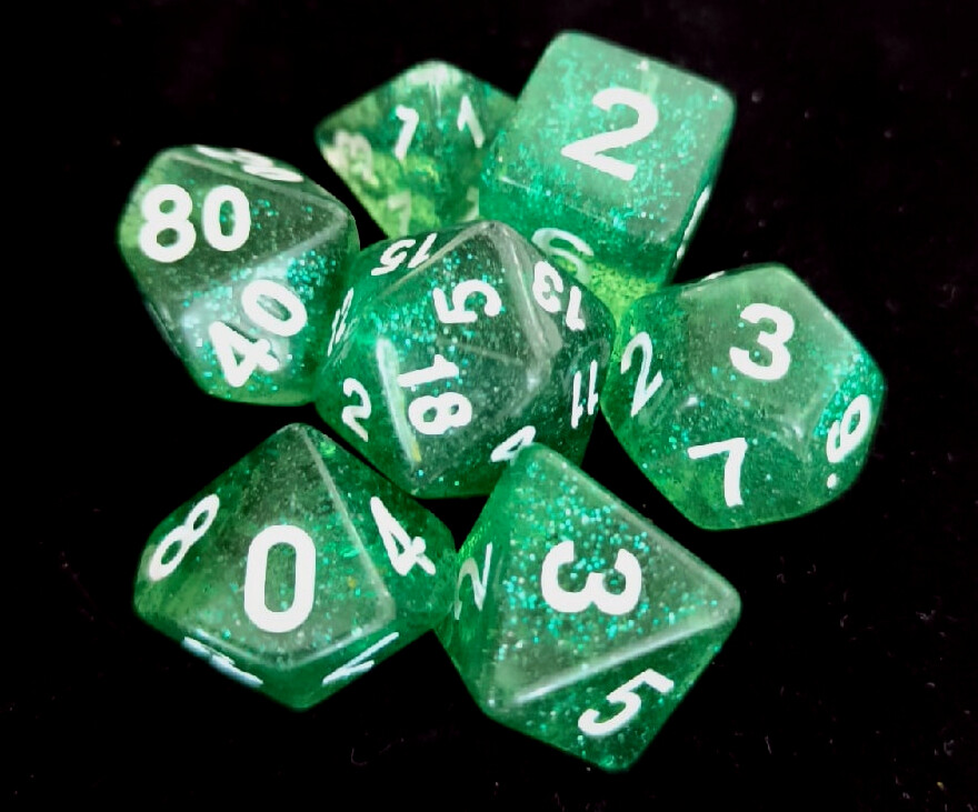 Набор кубиков для RPG 7 шт.  прозрачные зеленые с блестками